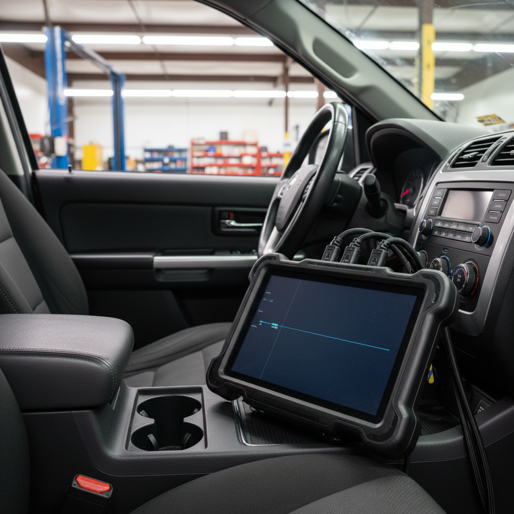 A close-up, photographic view of a high-tech automotive diagnostic scanner connected to a vehicle’s dashboard inside Spring Valley Automotive. The subject is a sleek, rugged tablet-style device resting on the car’s center console, with thick rubberized edges, a dark matte screen surface glowing faintly, and heavy-duty cables leading under the steering column. The surrounding interior features clean, dark fabric seats and a subtly textured dashboard. Overhead workshop lights cast soft, even illumination with gentle reflections on plastic and metal surfaces, creating a focused, precise mood. Shot from a slightly elevated angle with shallow depth of field, the scanner is in sharp focus while the background bay and tool chests blur into soft bokeh, emphasizing expert computer diagnostics and accuracy.