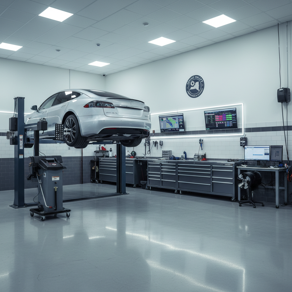 A pristine, modern auto repair bay inside Spring Valley Automotive, featuring a late-model sedan raised on a hydraulic lift, its undercarriage clearly visible. The concrete floor is spotless and subtly reflective, with neatly organized tool cabinets, diagnostic computers, and alignment machines lining the walls. Soft, diffused overhead LED lighting illuminates the scene evenly, highlighting the metallic surfaces and colorful diagnostic cables. A clean, professional NYS inspection station sign appears as a small wall plaque, avoiding any text. Shot at eye level with photographic realism and sharp focus throughout, the composition uses the rule of thirds to emphasize the vehicle and equipment, creating a calm, trustworthy, and highly professional atmosphere suitable for a full-service NYS-certified repair shop.