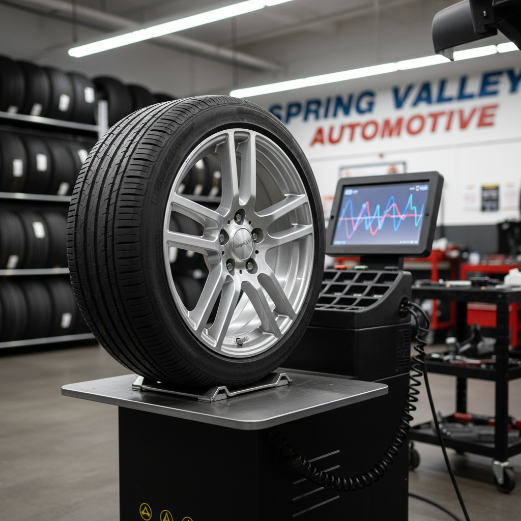 A detailed, photographic close-up of a wheel and tire service setup at Spring Valley Automotive, focused on a mid-size sedan’s alloy wheel mounted on a modern tire balancing machine. The wheel has a clean, silver finish with precise lug nut details, while small adhesive weights are carefully placed along the rim. The balancing machine’s dark housing, digital display with abstract glowing shapes, and neatly coiled power cable surround the wheel. Overhead workshop lighting creates soft highlights on the metal and subtle shadows on the textured rubber tire. Shot at a three-quarter angle with moderate depth of field, the background fades into a tasteful blur of tire racks and tool carts, establishing a professional, trustworthy mood for expert wheel and tire services without featuring people.