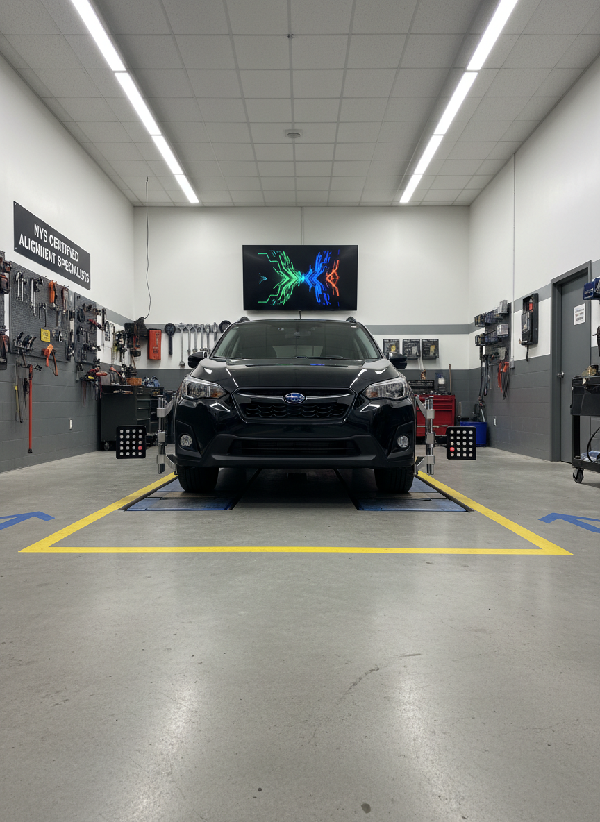A wide, photographic shot of a dedicated wheel alignment bay at Spring Valley Automotive, featuring a compact SUV positioned precisely on a low-rise alignment platform. Four sleek alignment heads clamp onto each wheel, their brushed metal surfaces and colored indicator lights catching the cool, even glow of overhead LEDs. In the background, a large alignment screen is mounted on the wall, displaying abstract glowing shapes instead of text. The concrete floor is clean and carefully marked with bright guide lines. Captured from a slightly low angle to emphasize the geometry of the wheels and equipment, the image has sharp focus throughout, conveying technical precision, calm efficiency, and a professional NYS-certified environment specializing in accurate alignment work.