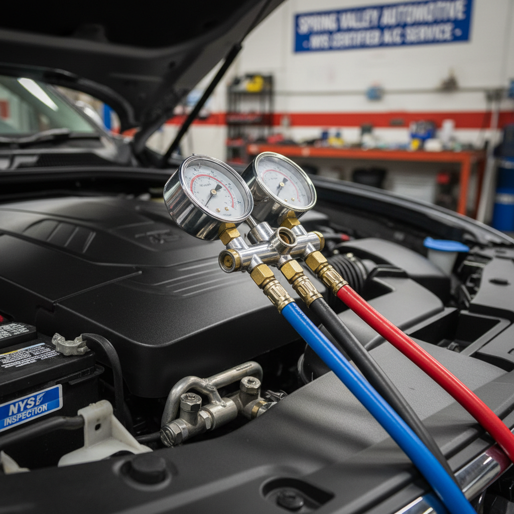 A realistic, photographic close-up of an automotive A/C service manifold gauge set connected to a vehicle at Spring Valley Automotive. Two thick, brightly colored hoses run from the polished metal gauge block to secure fittings on the vehicle’s engine bay, where neatly routed components and a clean battery are visible. The gauges’ glass faces catch soft reflections from overhead lights, with needles frozen in precise positions and no readable text. The engine bay is spotless, with dark plastics and metallic surfaces contrasting against the vivid hoses. Captured from a slightly elevated, side angle with shallow depth of field, the gauges are in crisp focus while the rest of the workshop softly blurs, creating a calm, technical, and professional atmosphere emphasizing specialized A/C diagnostics and NYS-compliant service.